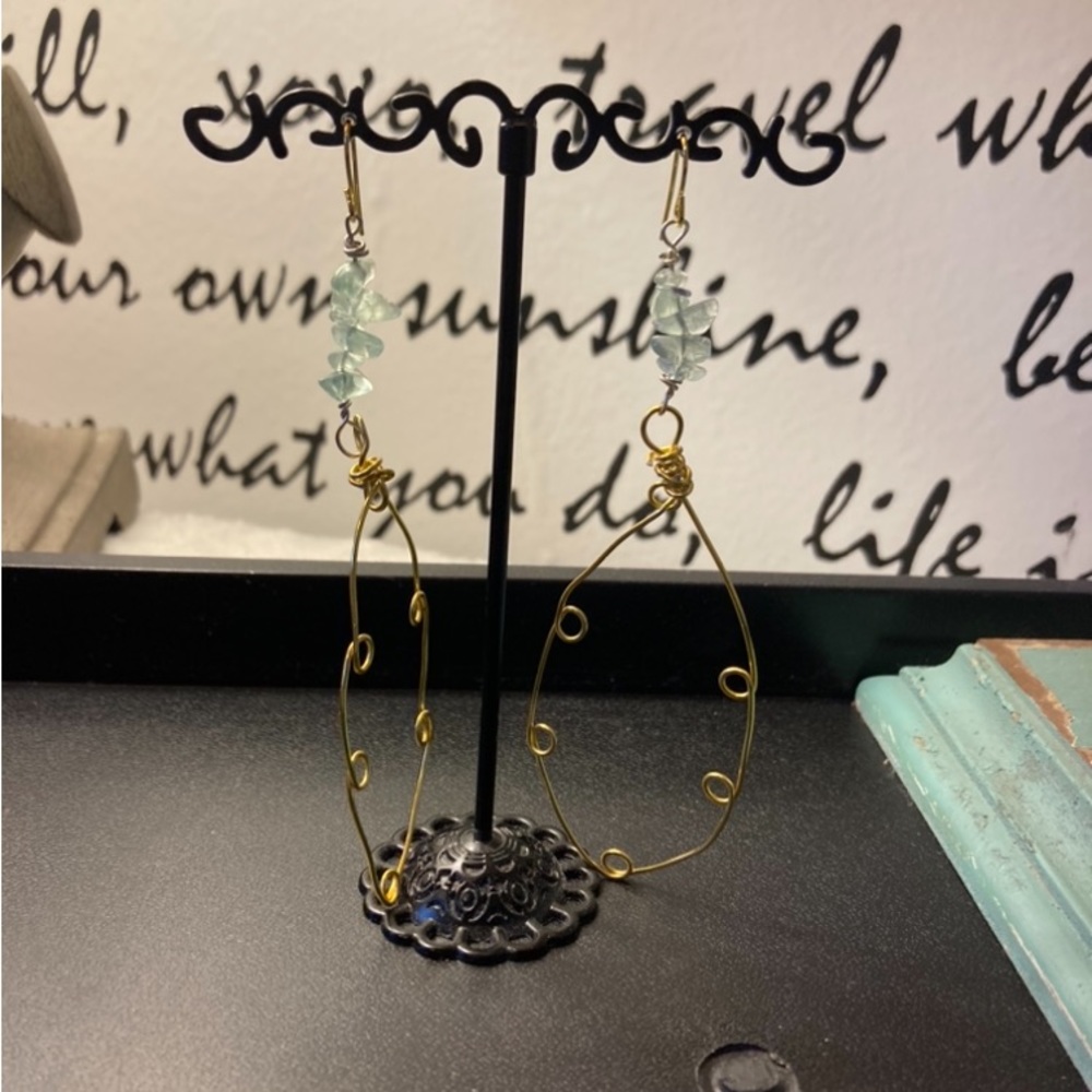 Handcrafted Light Green Stones With Gold Dangle Earrings